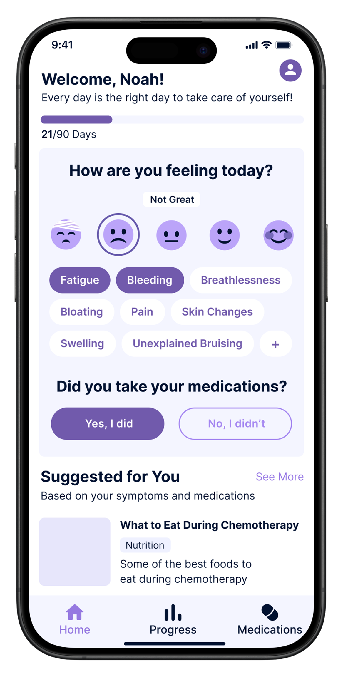 App home screen — selected state